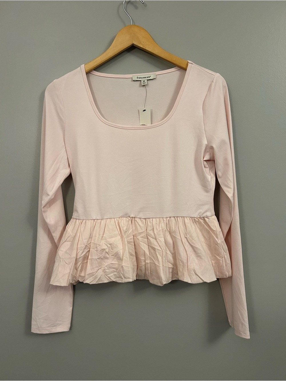 Francesca's Collections Pale Pink Long Sleeve Ruffle Peplum Top Medium